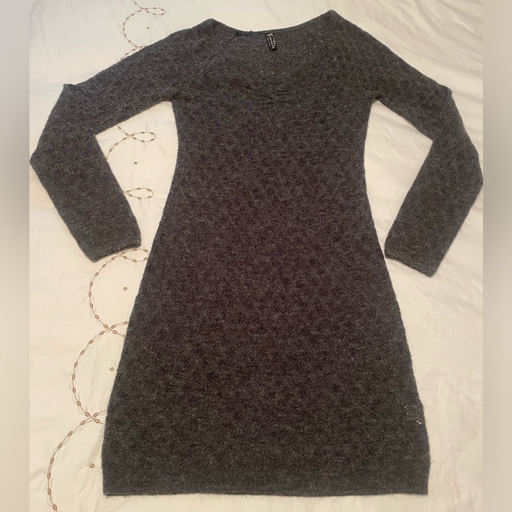 Free People Gray Open Knit Ruched V Neck Sweater Dress Size S